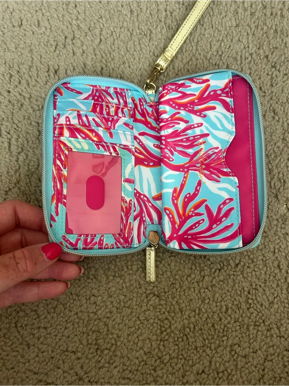 Lilly Pulitzer Teal & Hot Pink Coral Wristlet Phone Case with Gold Accents